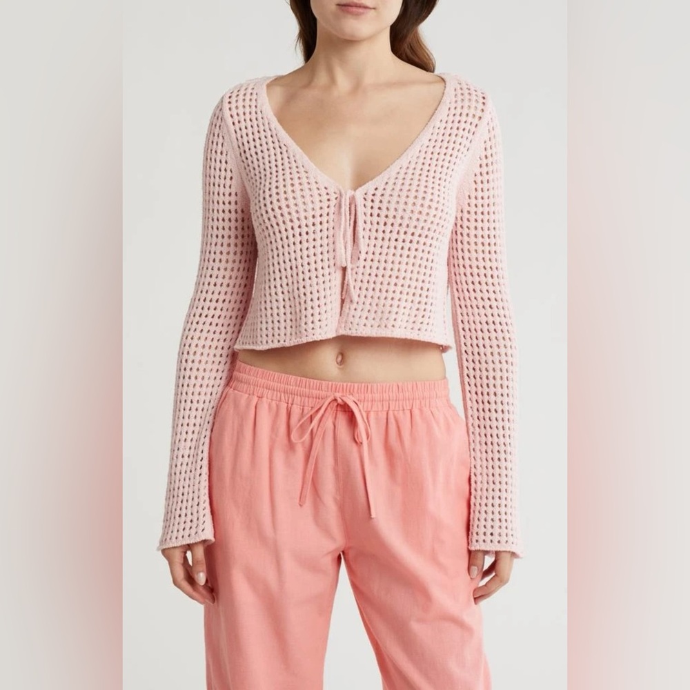 Abound Pink Tie Front Open Stitch Cardigan, Size XL